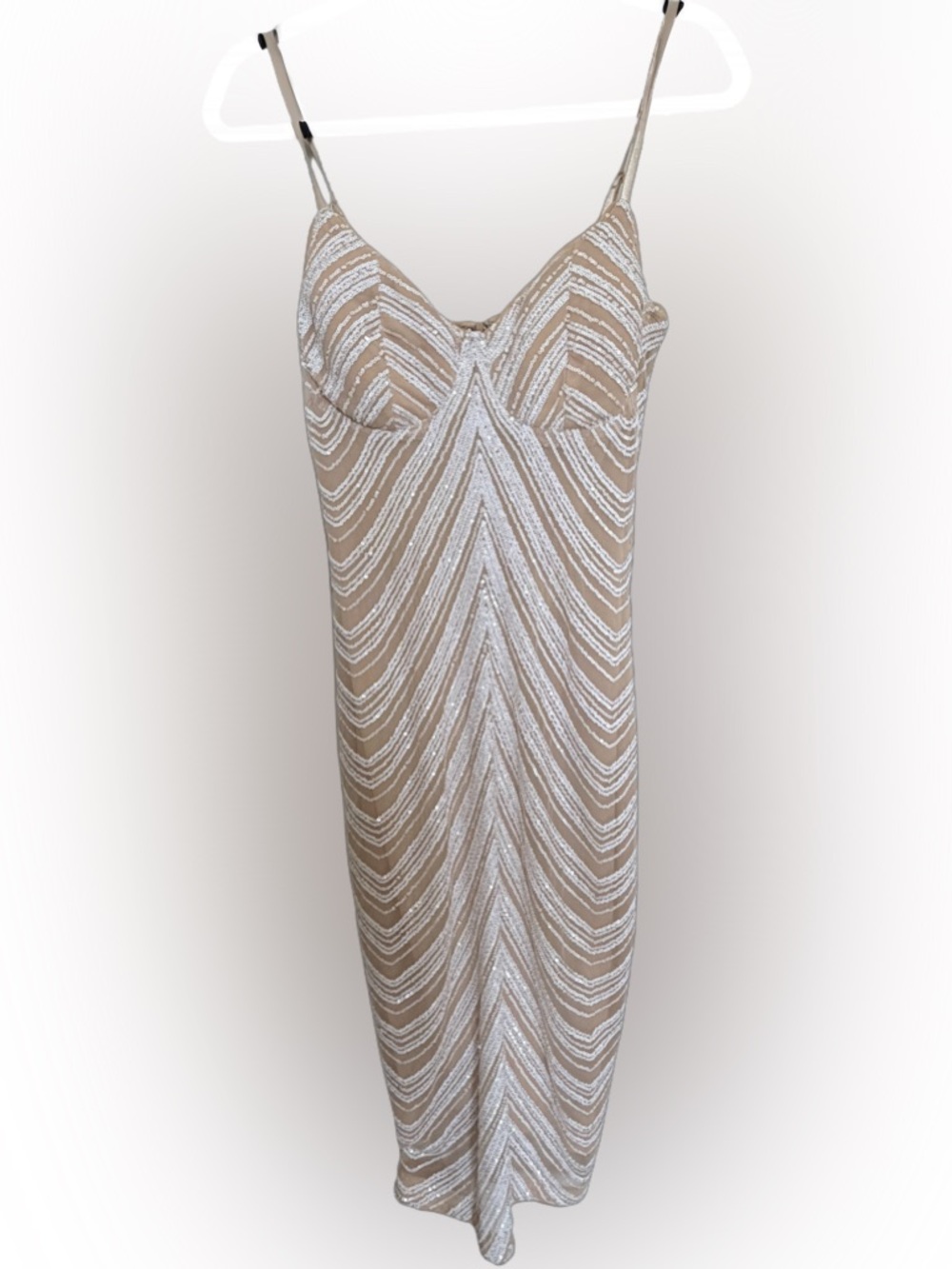 Windsor midi dress nude ivory sequin womens size L spaghetti strap bodycon